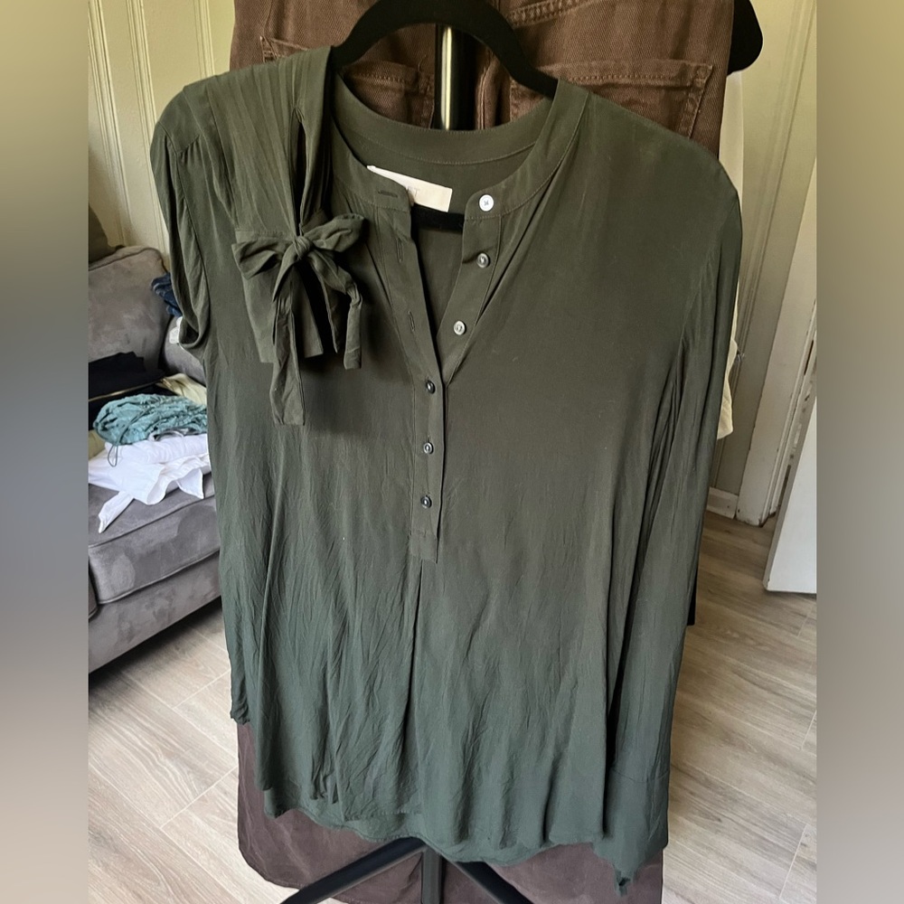 LOFT Dark Green Blouse with Bow Detail